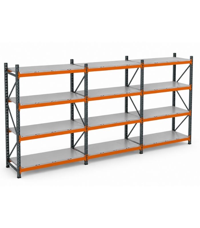 4 Katlı 3'lü Hafif Rack Raf Sistemi | Çelik Depo Rafı | 300-350 Kg Taşıma Kapasiteli Depolama Rafı