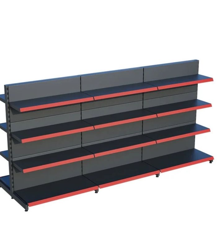 Antrasit Siyah Metal 4 Katlı 3'lü Birleşik Market Raf Sistemi | Çift Taraflı Mağaza Rafı ve Market Teşhir Rafı – G270 x Y140 cm