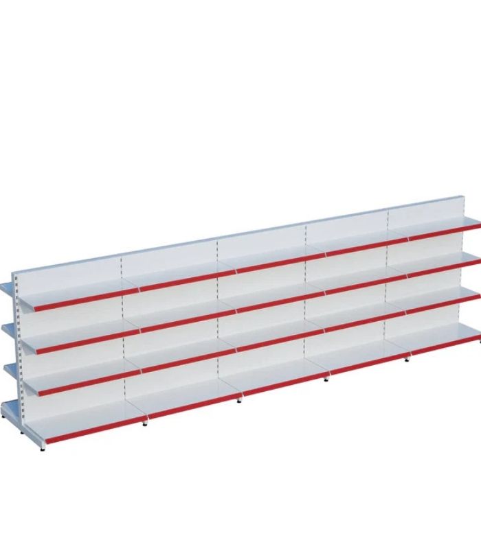 Beyaz Metal 4 Katlı 5'li Birleşik Market Raf Sistemi | Çift Taraflı Mağaza Rafı ve Market Teşhir Rafı – G450 x Y140 cm