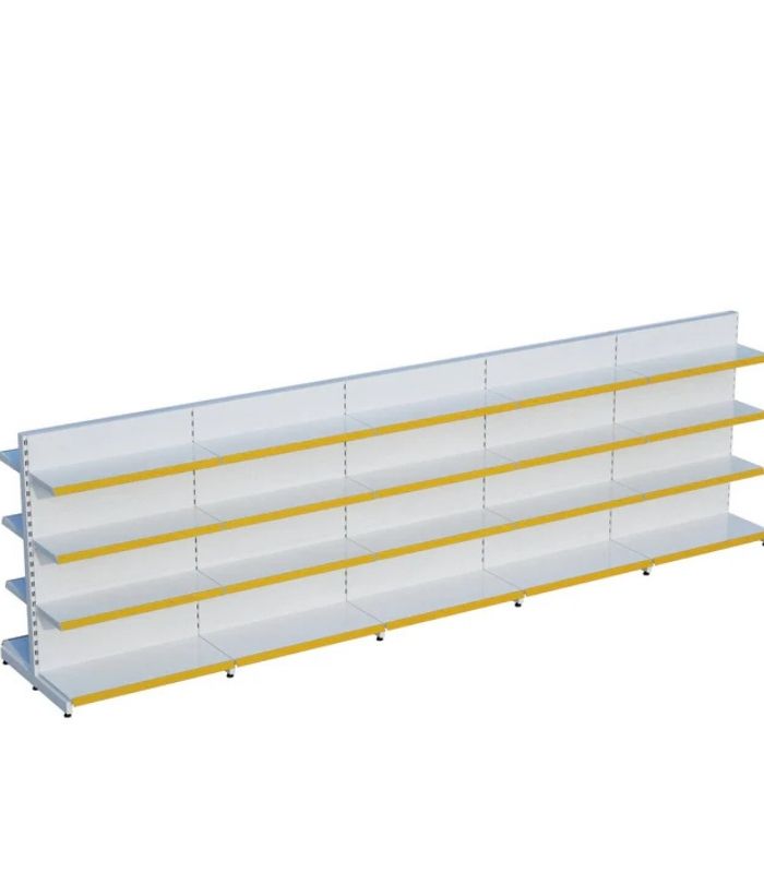 Beyaz Metal 4 Katlı 5'li Birleşik Market Raf Sistemi | Çift Taraflı Mağaza Rafı ve Market Teşhir Rafı – G450 x Y140 cm