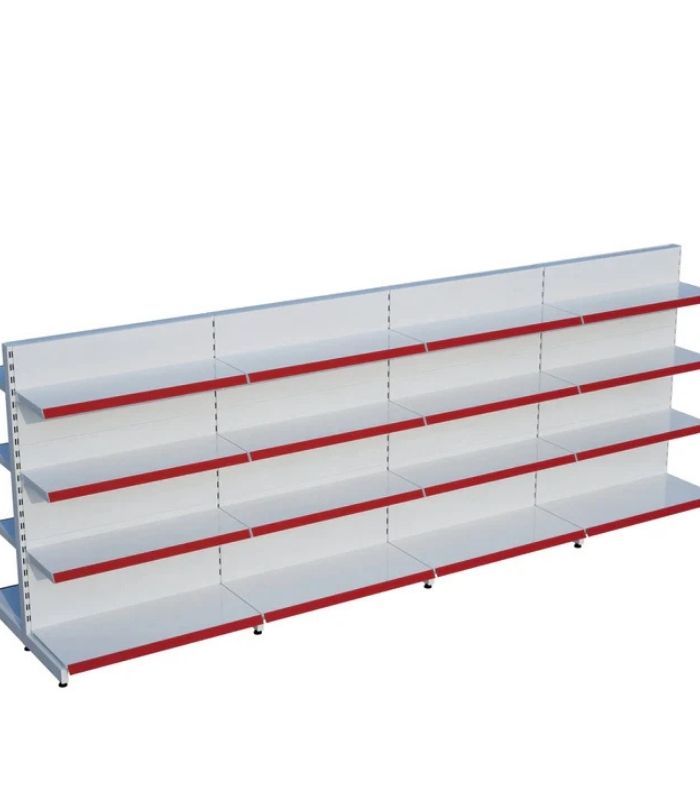 Beyaz Metal 4 Katlı 4'lü Birleşik Market Raf Sistemi | Çift Taraflı Mağaza Rafı ve Market Teşhir Rafı – G360 x Y140 cm