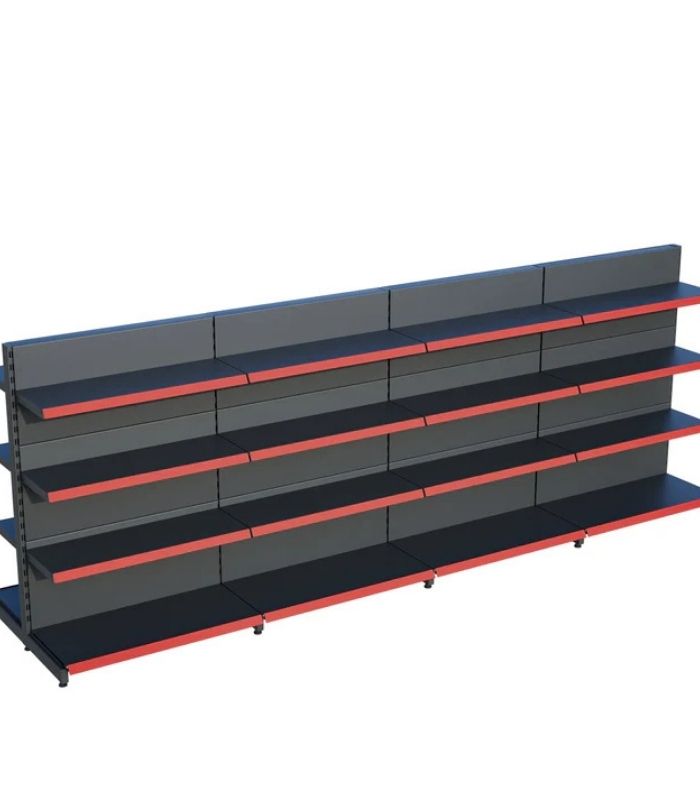 Antrasit Siyah Metal 4 Katlı 4'lü Birleşik Market Raf Sistemi | Çift Taraflı Mağaza Rafı ve Market Teşhir Rafı – G360 x Y140 cm