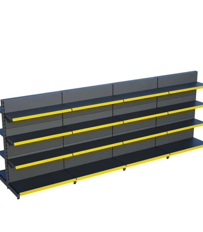 Antrasit Siyah Metal 4 Katlı 4'lü Birleşik Market Raf Sistemi | Çift Taraflı Mağaza Rafı ve Market Teşhir Rafı – G360 x Y140 cm
